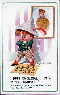 Languages Prints: Comic postcard, Little boy determined to join up. Date: 1914-1918