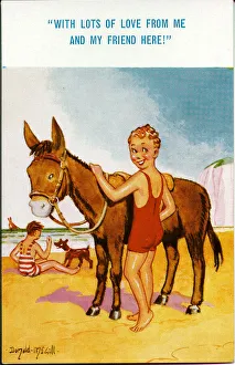 Comic postcard, Little boy with donkey on beach Date: 20th century Comic postcard, Little boy with donkey on beach Date: 20th century