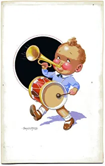 Comic postcard, Little boy with drum and trumpet Date: 20th century Comic postcard, Little boy with drum and trumpet Date: 20th century