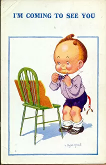 Comic postcard, Little boy getting ready to go out Date: 20th century