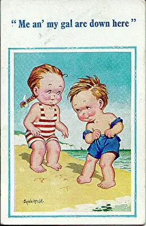 Comic postcard, Little boy and girl on the beach Date: 20th century