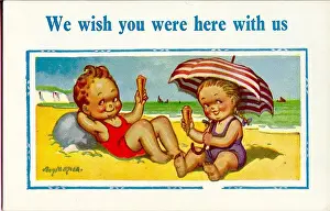 Comic postcard, Little boy and girl on the beach with ice creams Date: 20th century
