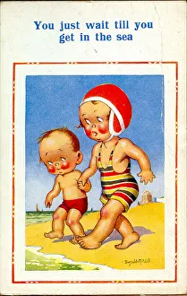 Comic postcard, Little boy and girl on the beach - wait till you get in the sea Date Comic postcard, Little boy and girl on the beach - wait till you get in the sea Date