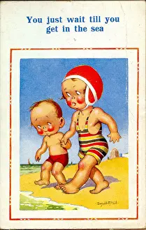 Wait Prints: Comic postcard, Little boy and girl on the beach - wait till you get in the sea Date