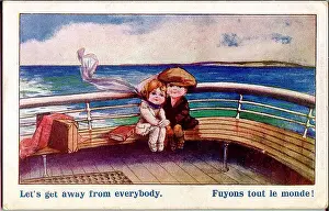 Comic postcard, Little boy and girl on a boat - Let's get away from everybody. Date: early 20th century