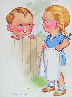 Pinafore Gallery: Comic postcard, Little boy and girl chat over the garden fence
