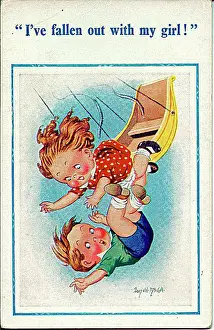 Comic postcard, Little boy and girl falling out of a fairground ride Date: 20th century