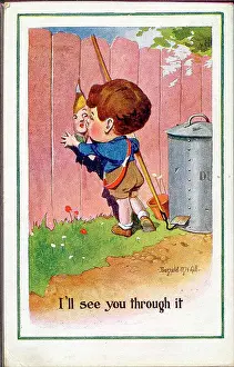 Wordplay Prints: Comic postcard, Little boy and girl kissing through a hole in a fence. Date: 20th century