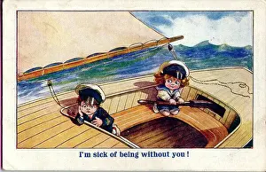 Steering Prints: Comic postcard, Little boy and girl on a sailing boat - I'm sick of being without you