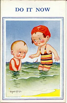 Comic postcard, Little boy and girl in the sea