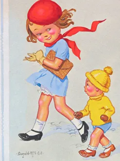 Images Dated 4th September 2015: Comic postcard, Little boy and girl out walking. With love from me and my boy friend