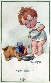 Pouring Collection: Comic postcard, Little boy giving milk to puppy