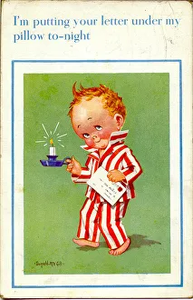 Comic postcard, Little boy going to bed with candle and letter Date: 20th century Comic postcard, Little boy going to bed with candle and letter Date: 20th century