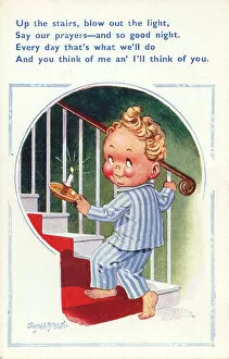 Comic postcard, Little boy going upstairs to bed Date: 20th century