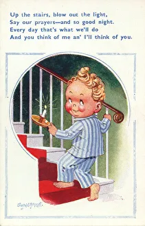 Comic postcard, Little boy going upstairs to bed Date: 20th century Comic postcard, Little boy going upstairs to bed Date: 20th century