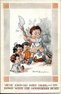 Chop Prints: Comic postcard, Little boy and gooseberry bush