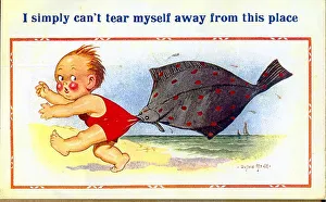 Pull Gallery: Comic postcard, Little boy held by fish on the beach