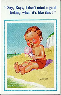 Comic postcard, Little boy with ice cream on the beach Date: 20th century