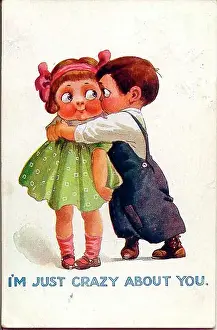 Crazy Prints: Comic postcard, Little boy kissing little girl - I'm just crazy about you