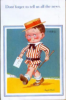 Boater Gallery: Comic postcard, Little boy with letter on the beach