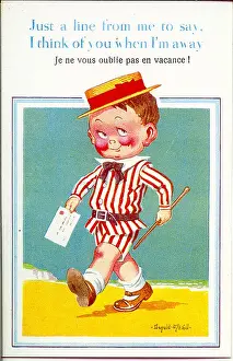 Comic postcard, Little boy with letter on the beach (in English and French) Date
