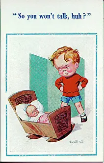 Comic postcard, Little boy with new baby Date: 20th century