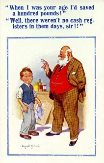 Pounds Gallery: Comic postcard, Little boy and old man - saving money Date: 20th century