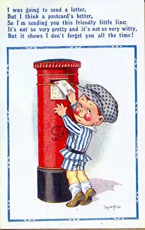 Comic postcard, Little boy posting a card Date: 20th century