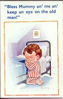 Absent Prints: Comic postcard, Little boy praying by his bed, thinking of his absent father. Date: 1940s