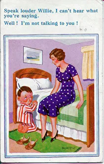 Comic postcard, Little boy praying by his bed, with his mother listening Date: 20th century