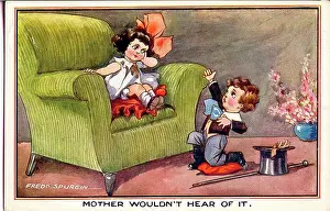 Spurgin Prints: Comic postcard, Little boy proposing to little girl - Mother wouldn't hear of it