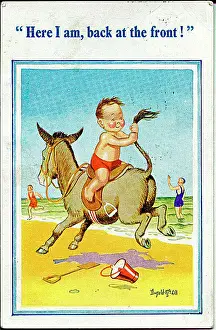 Comic postcard, Little boy riding a donkey on the beach - back at the front Date: 20th century