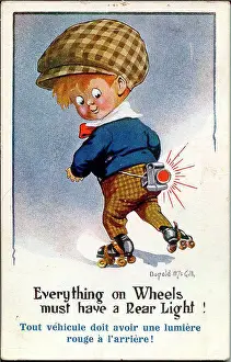 Comic postcard, Little boy on roller skates with rear light. Date: 20th century