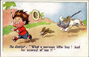Scared Prints: Comic postcard, Little boy running away, chased by rabbit and dog. Date: 20th century