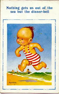 Comic postcard, Little boy running out of the sea for dinner Date: 20th century Comic postcard, Little boy running out of the sea for dinner Date: 20th century