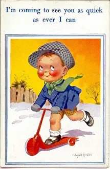 Hurry Prints: Comic postcard, Little boy on a scooter in the snow Date: 20th century