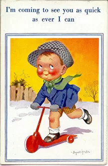 Peaked Collection: Comic postcard, Little boy on a scooter in the snow Date: 20th century