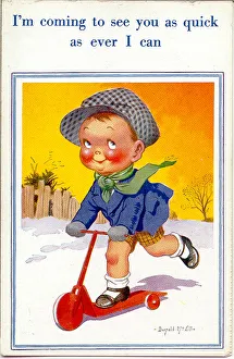 Comic postcard, Little boy on a scooter in the snow Date: 20th century Comic postcard, Little boy on a scooter in the snow Date: 20th century