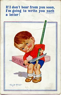 Preparation Collection: Comic postcard, Little boy sharpening large pencil Date: 20th century