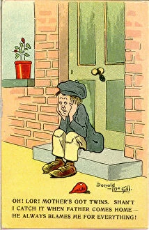 Twins Collection: Comic postcard, Little boy sitting on doorstep Date: 20th century