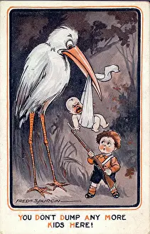 Spurgin Prints: Comic postcard, Little boy with stork and baby - You don't dump any more kids here! Date: early 20th century