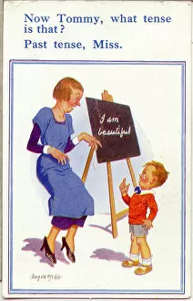 Past Gallery: Comic postcard, Little boy and teacher