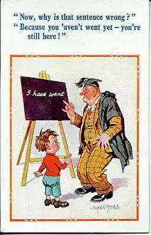 Comic postcard, Little boy and teacher - grammar lesson. Date: 20th century
