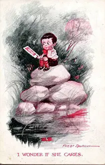 Comic postcard, Little boy thinking of his love - I wonder if she cares Date: early 20th century