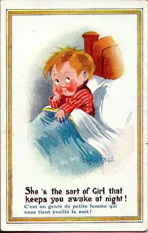 Languages Prints: Comic postcard, Little boy unable to sleep for thinking about a girl. Date: 20th century