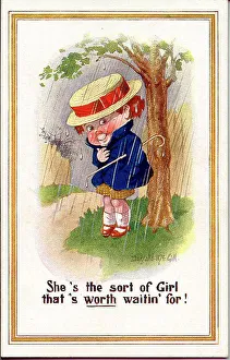 Worth Prints: Comic postcard, Little boy waiting for girl in the rain. Date: 20th century