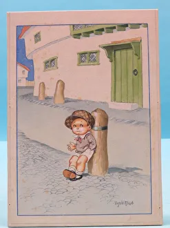 Images Dated 4th September 2015: Comic postcard, Little boy waiting for his girlfriend. Date: 20th century