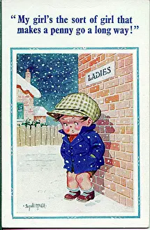 Comic postcard, Little boy waits for his girlfriend to come out of the Ladies Date: 20th century