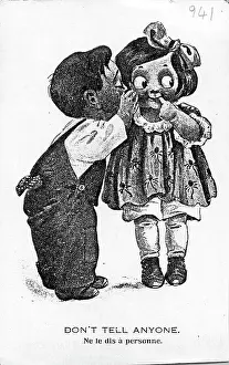 Whispering Prints: Comic postcard, Little boy whispering to little girl - Don't tell anyone