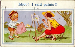 Boater Gallery: Comic postcard, Little boy and woman artist